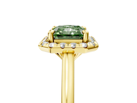 Yellow gold Fancy Green Radiant Cut Halo Round Diamond Solitaire Engagement Ring with Pave Band and Four-Prong Setting_17