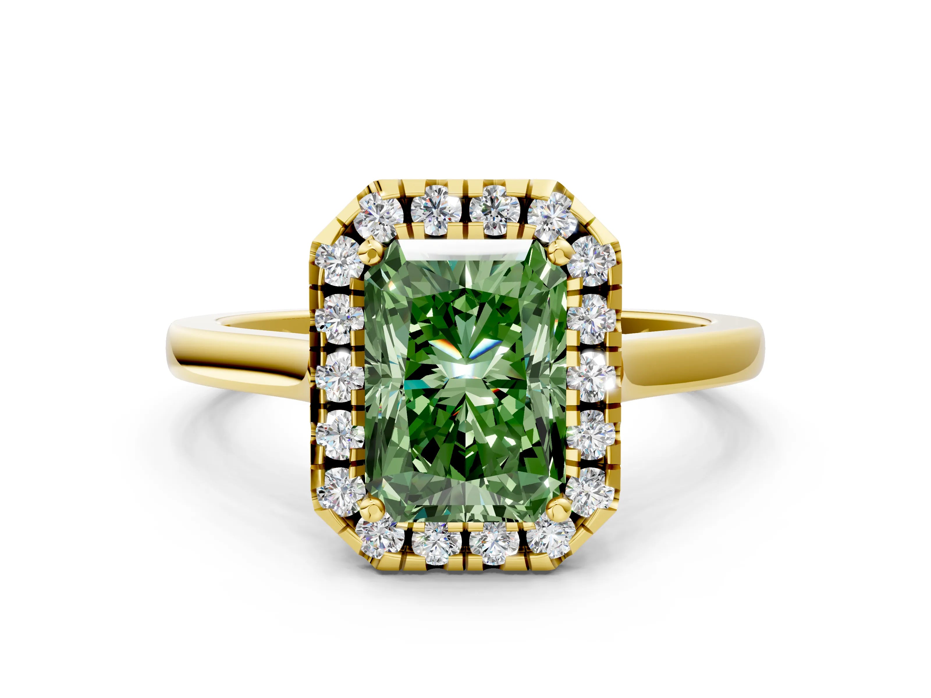 Yellow gold Fancy Green Radiant Cut Halo Round Diamond Solitaire Ring with Pavé Band and Four-Prong Setting