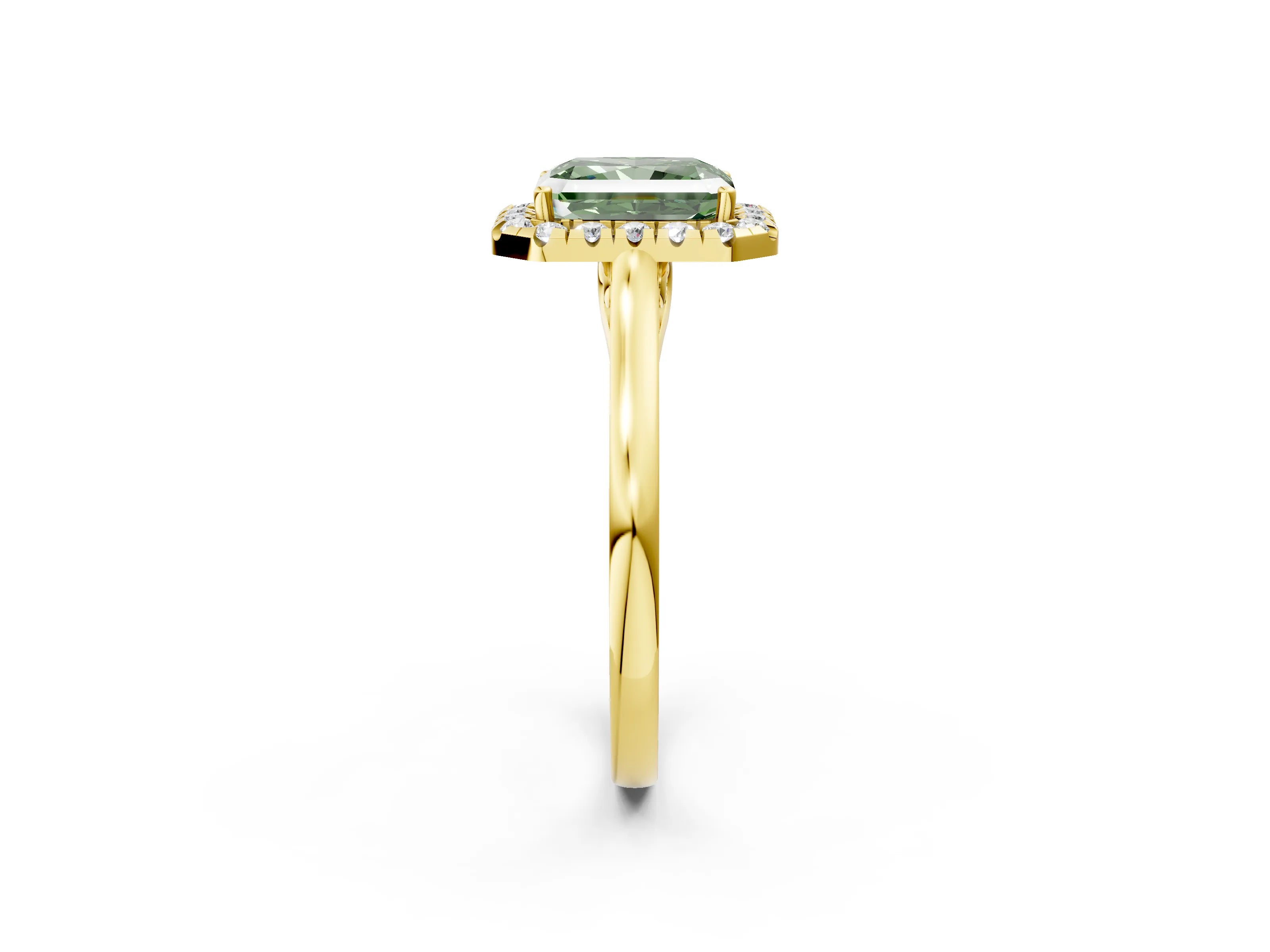 Yellow gold Fancy Green Radiant Cut Halo Round Diamond Solitaire Ring with Pavé Band and Four-Prong Setting_2