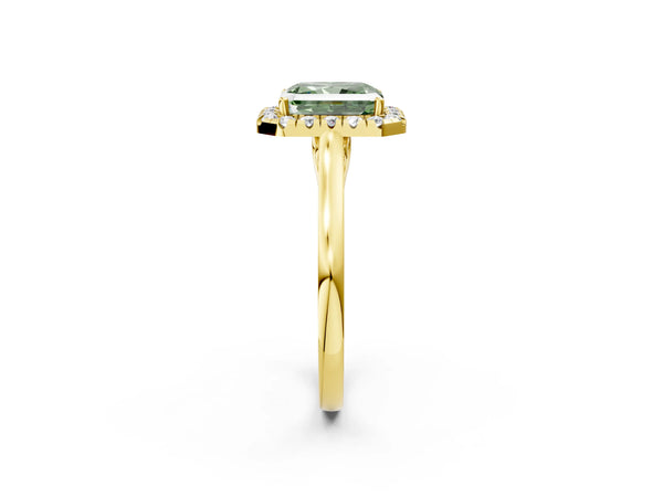 Yellow gold Fancy Green Radiant Cut Halo Round Diamond Solitaire Ring with Pavé Band and Four-Prong Setting