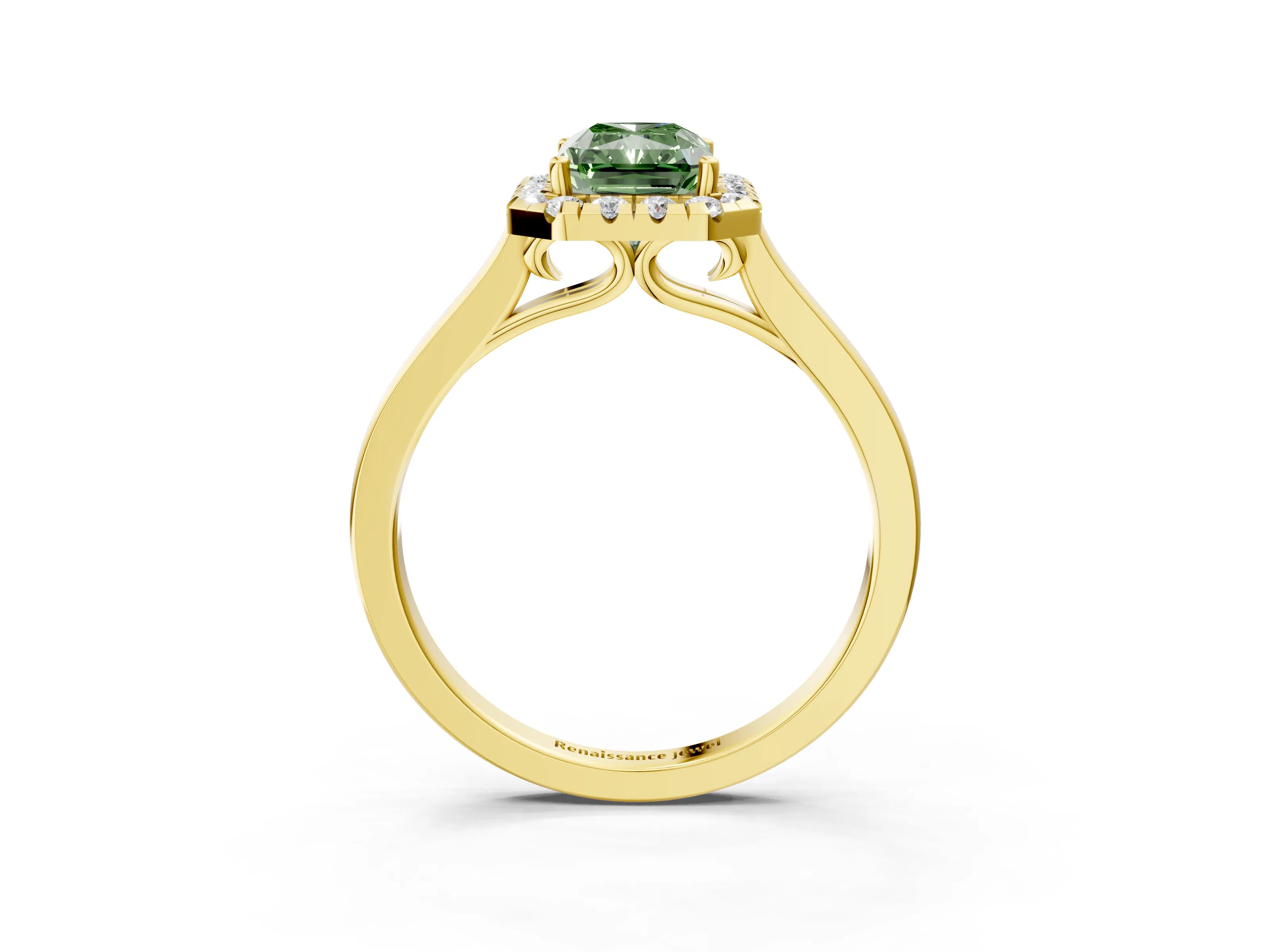 Yellow gold Fancy Green Radiant Cut Halo Round Diamond Solitaire Ring with Pavé Band and Four-Prong Setting_3