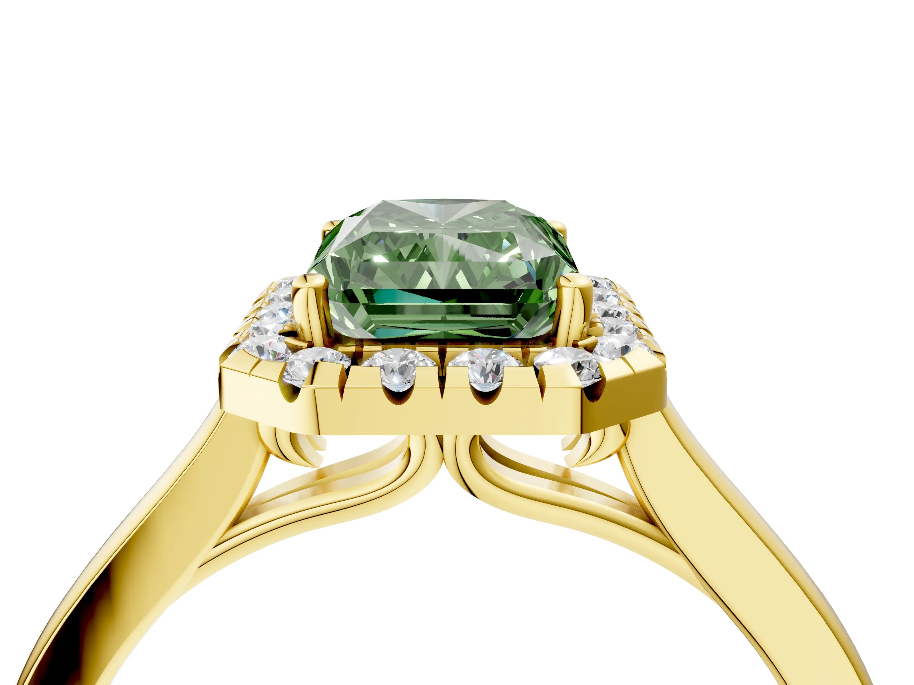 Yellow gold Fancy Green Radiant Cut Halo Round Diamond Solitaire Ring with Pavé Band and Four-Prong Setting_4