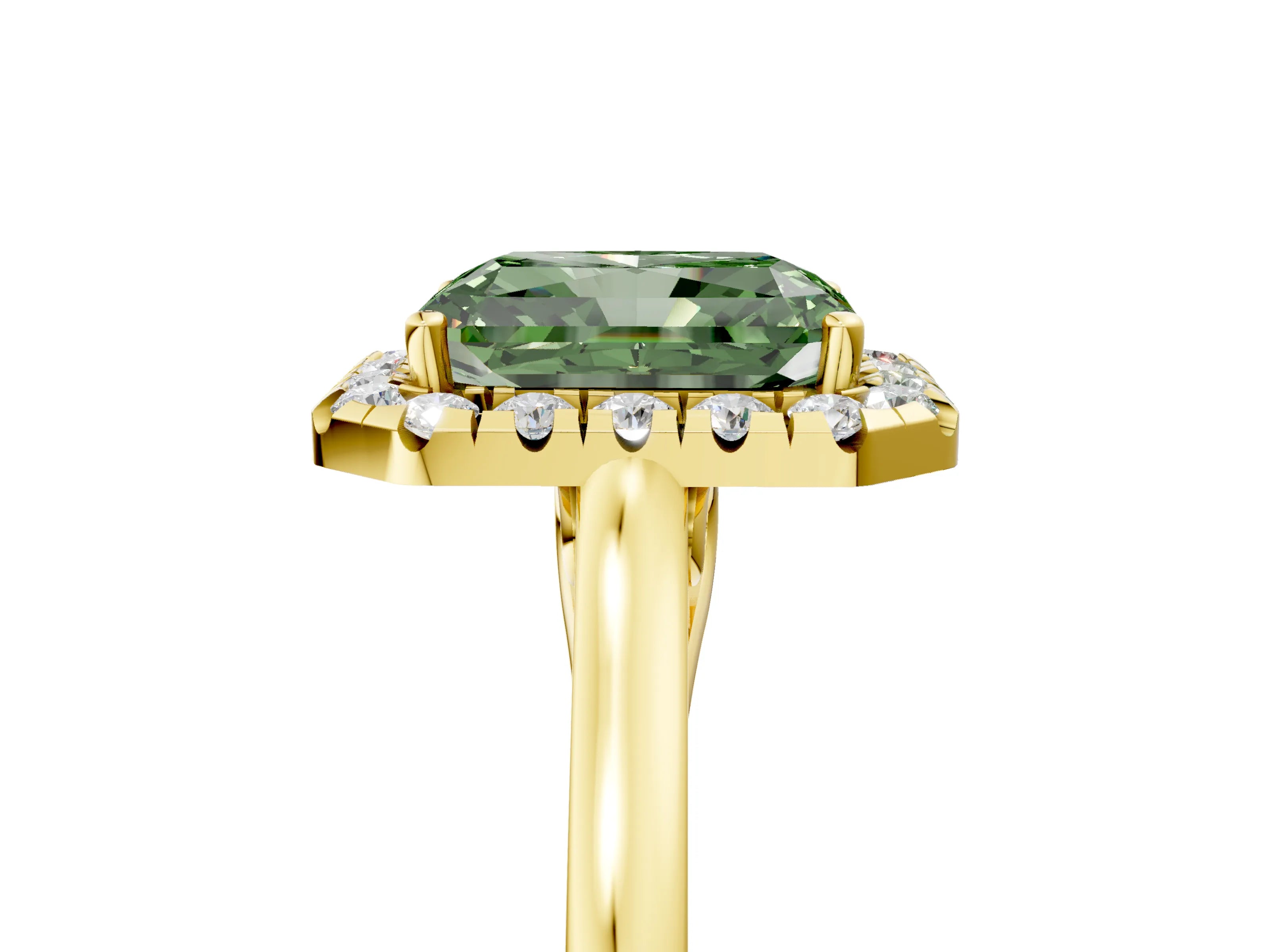 Yellow gold Fancy Green Radiant Cut Halo Round Diamond Solitaire Ring with Pavé Band and Four-Prong Setting_5