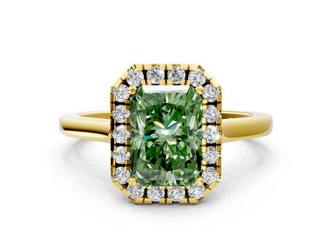Yellow gold Fancy Green Radiant Cut Halo Round Diamond Solitaire Ring with Pavé Band and Four-Prong Setting