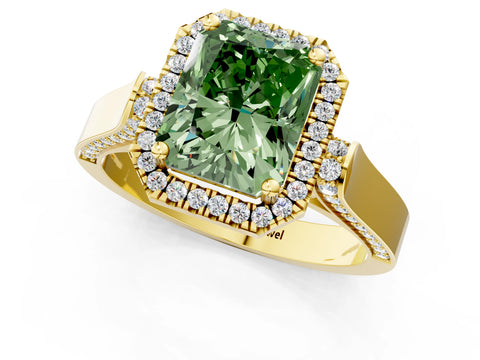 Yellow gold Fancy Green Radiant Cut Halo Round Diamond Twist Band with Four-Prong Setting_1