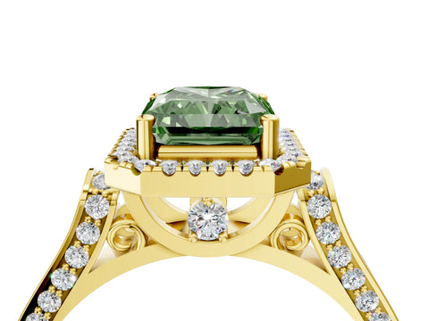 Yellow gold Fancy Green Radiant Cut Halo Round Diamond Twist Band with Four-Prong Setting_4