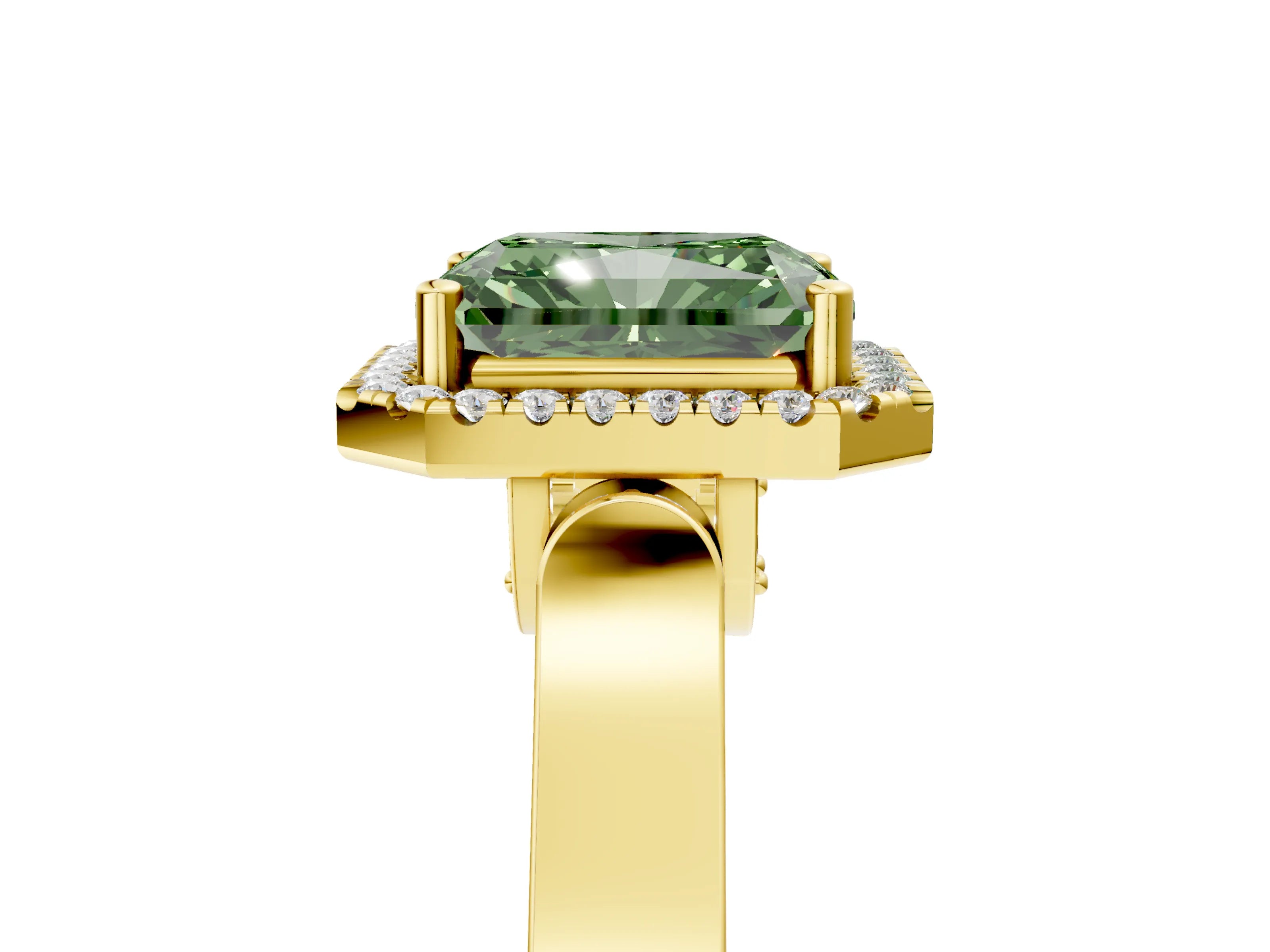 Yellow gold Fancy Green Radiant Cut Halo Round Diamond Twist Band with Four-Prong Setting_5
