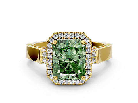Yellow gold Fancy Green Radiant Cut Halo Round Diamond Twist Band with Four-Prong Setting