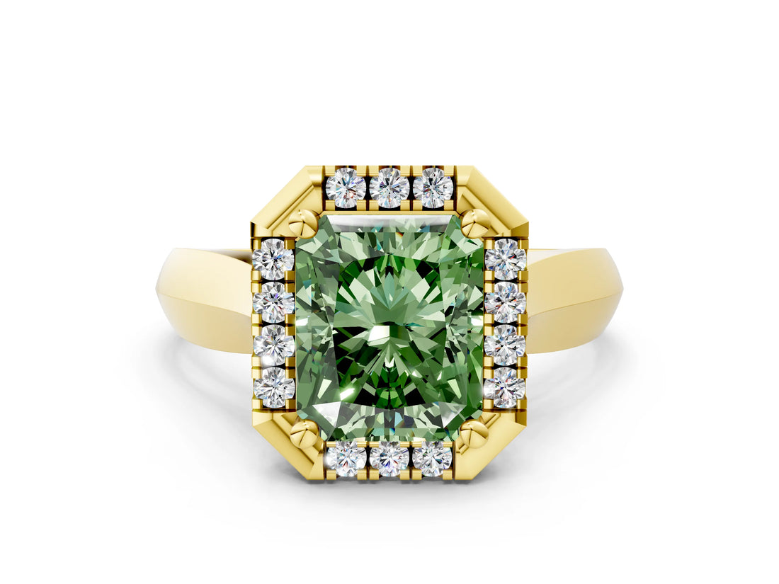 Yellow gold Fancy Green Radiant  Cut Halo Solitaire Engagement Ring with Square Band and Four-Prong Setting_12