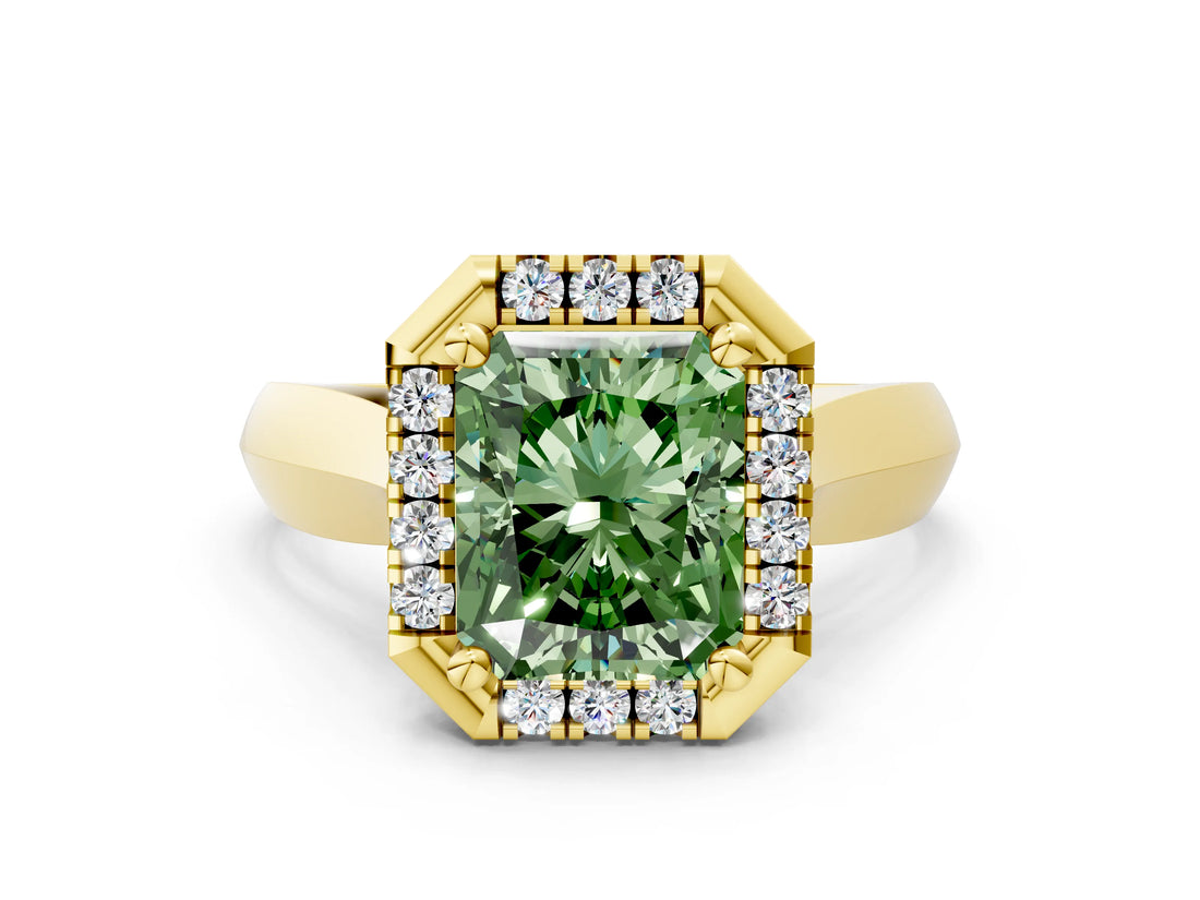Yellow gold Fancy Green Radiant  Cut Halo Solitaire Engagement Ring with Square Band and Four-Prong Setting_66