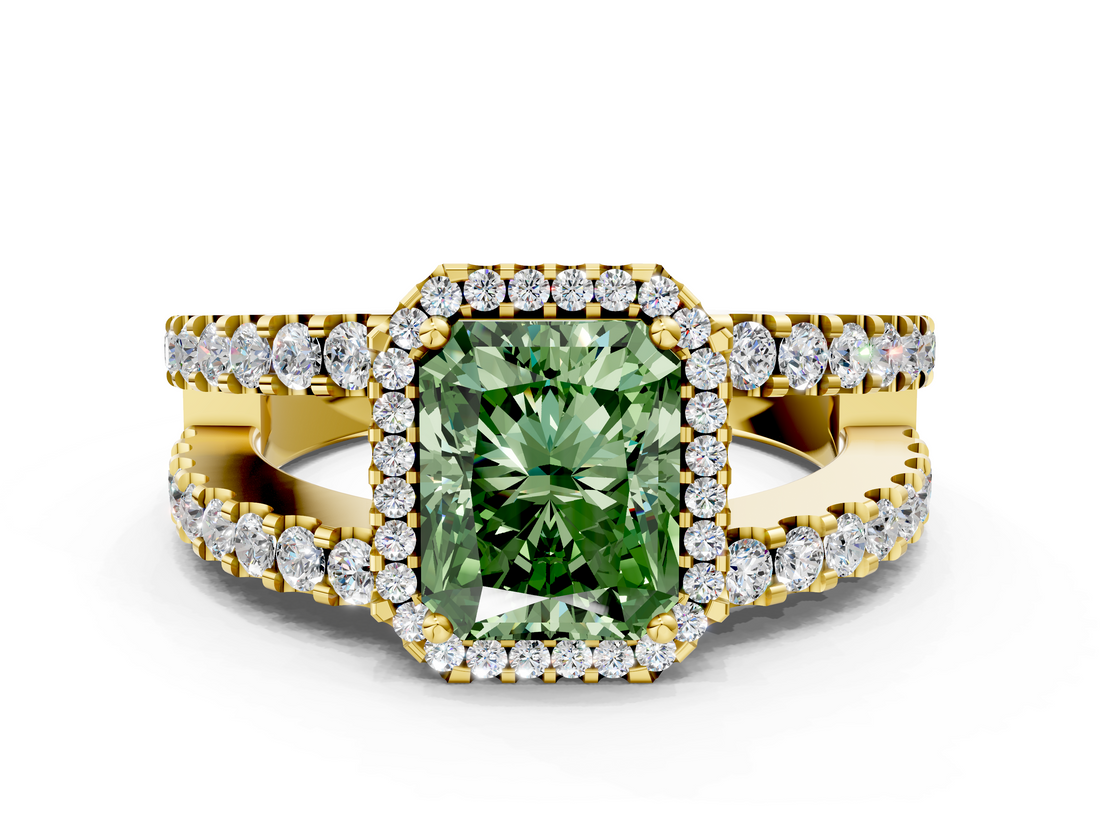 Yellow gold Fancy Green Radiant  Cut Halo Split Shank Diamond Ring with Four-Prong Setting_43