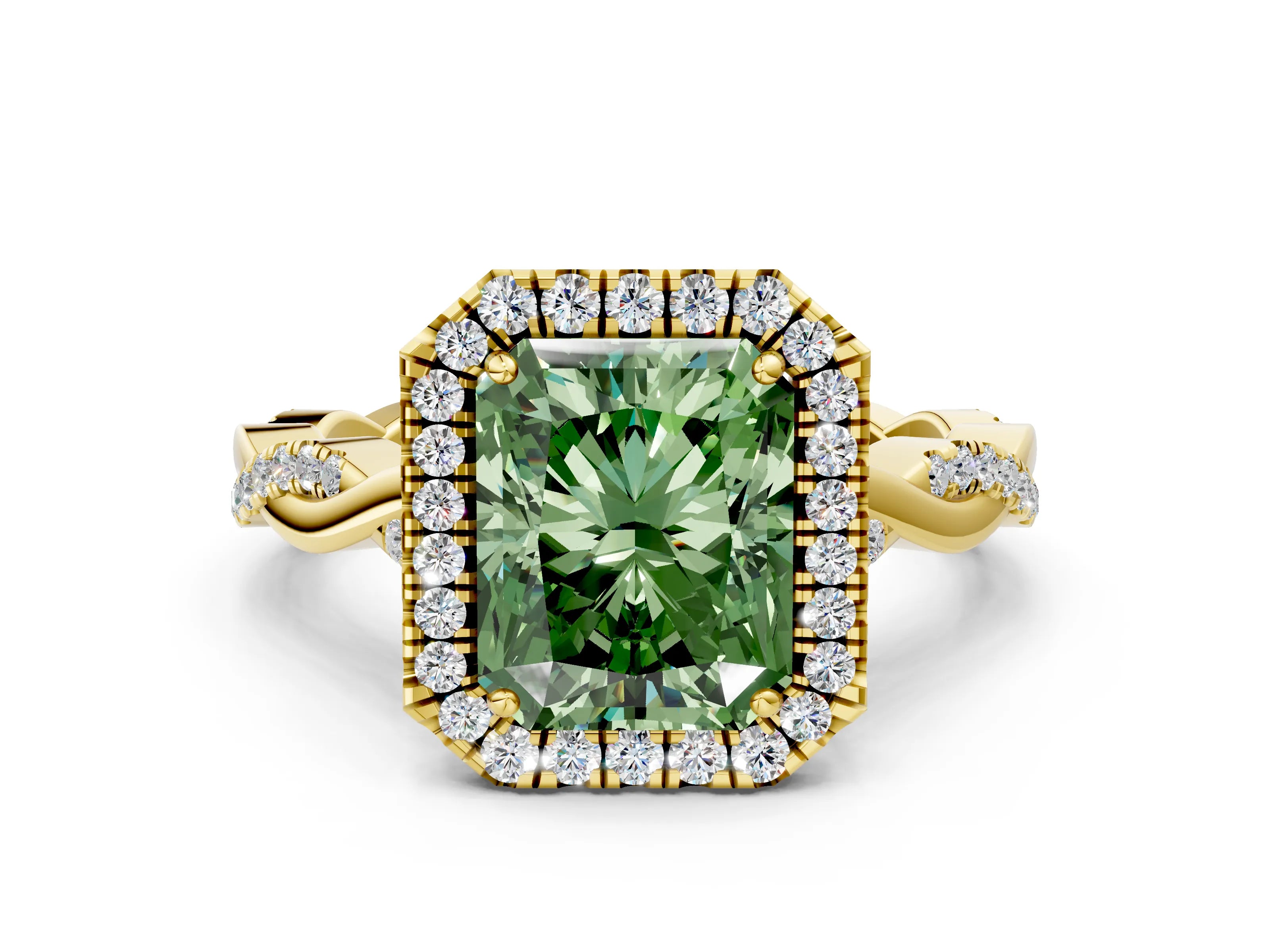 Yellow gold Fancy Green Radiant Cut Halo Twist Band with Four-Prong Setting