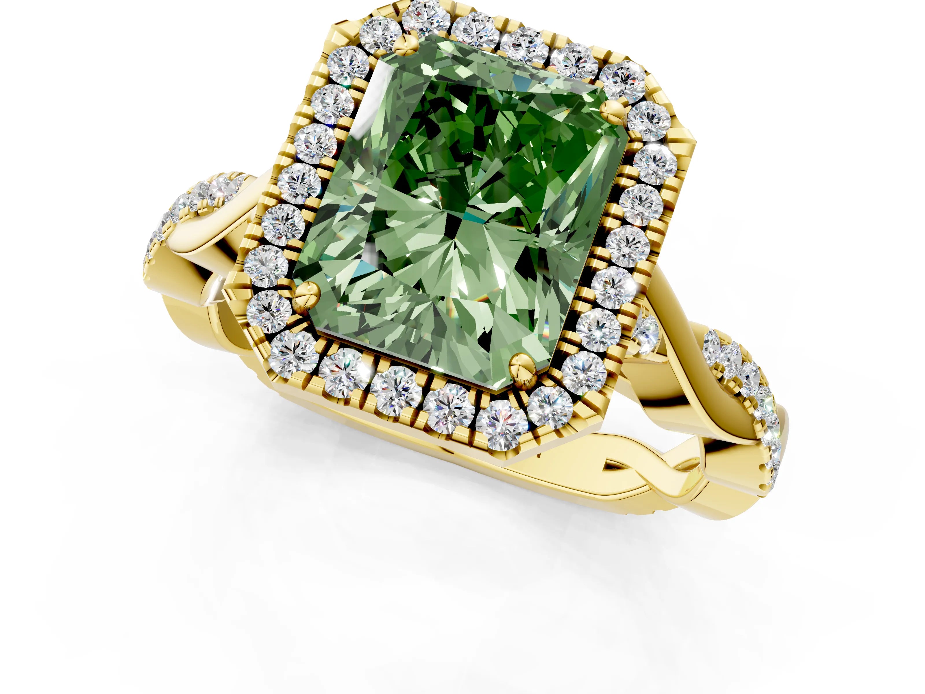 Yellow gold Fancy Green Radiant Cut Halo Twist Band with Four-Prong Setting_1