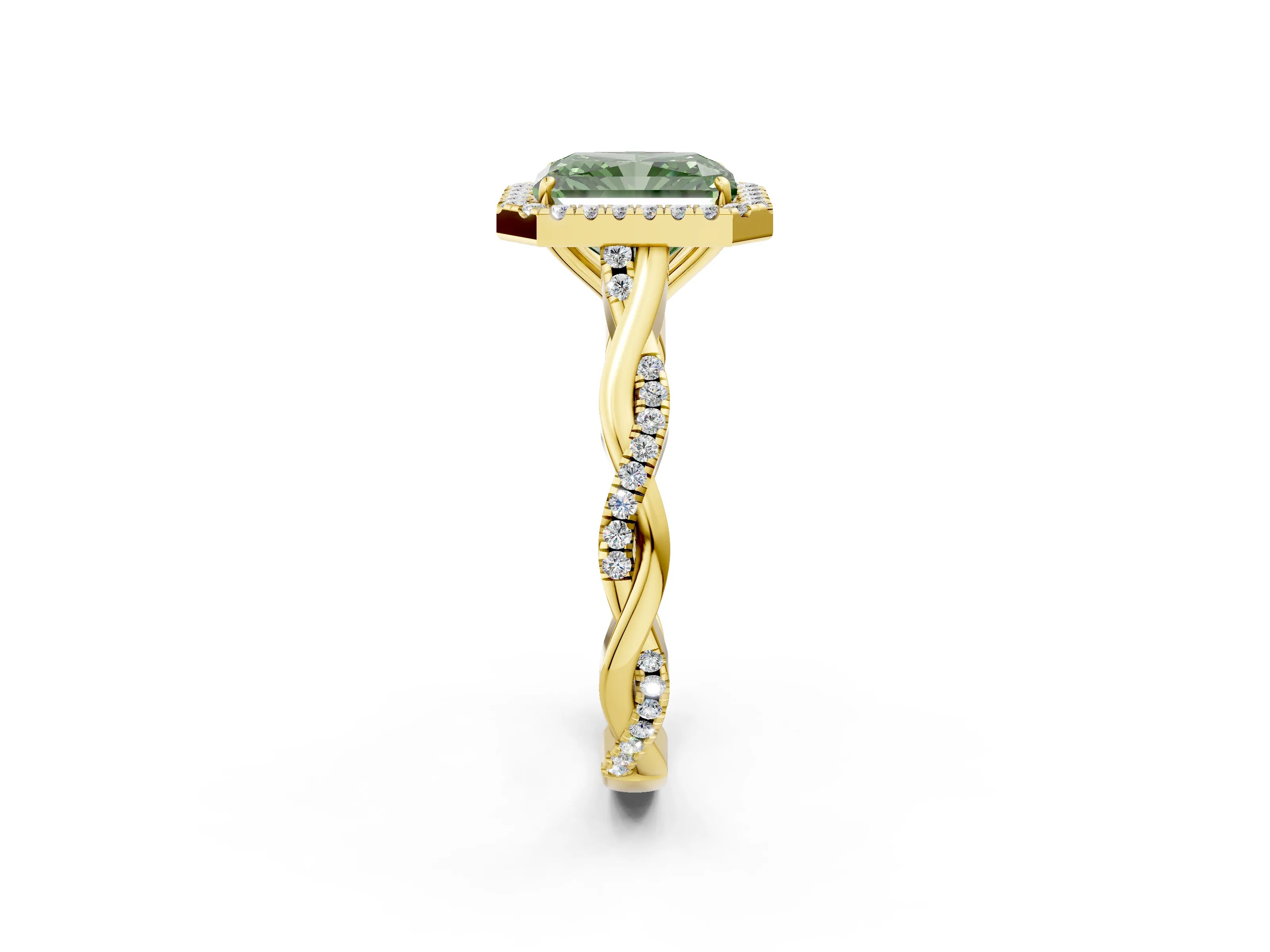 Yellow gold Fancy Green Radiant Cut Halo Twist Band with Four-Prong Setting_14