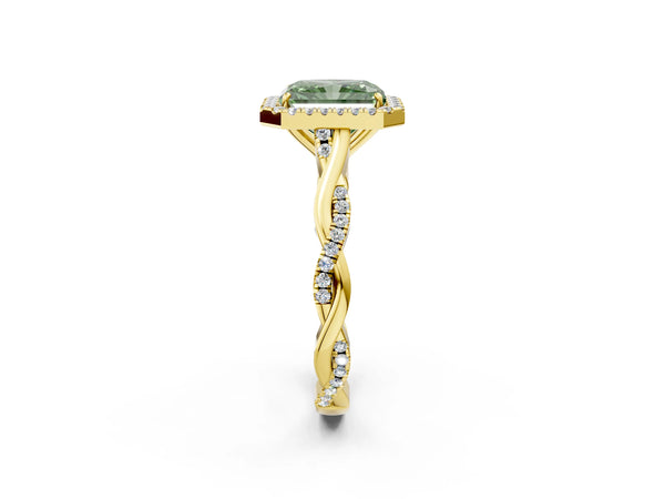 Yellow Gold Radiant Cut Interwoven Twist Halo Engagement Ring Setting for Fancy Green Center