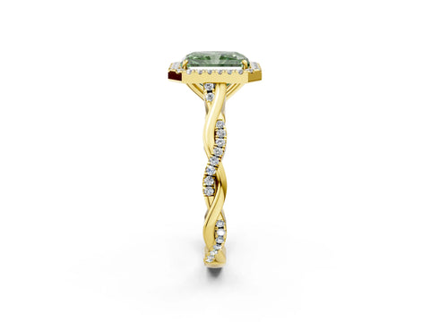 Yellow gold Fancy Green Radiant Cut Halo Twist Band with Four-Prong Setting_14