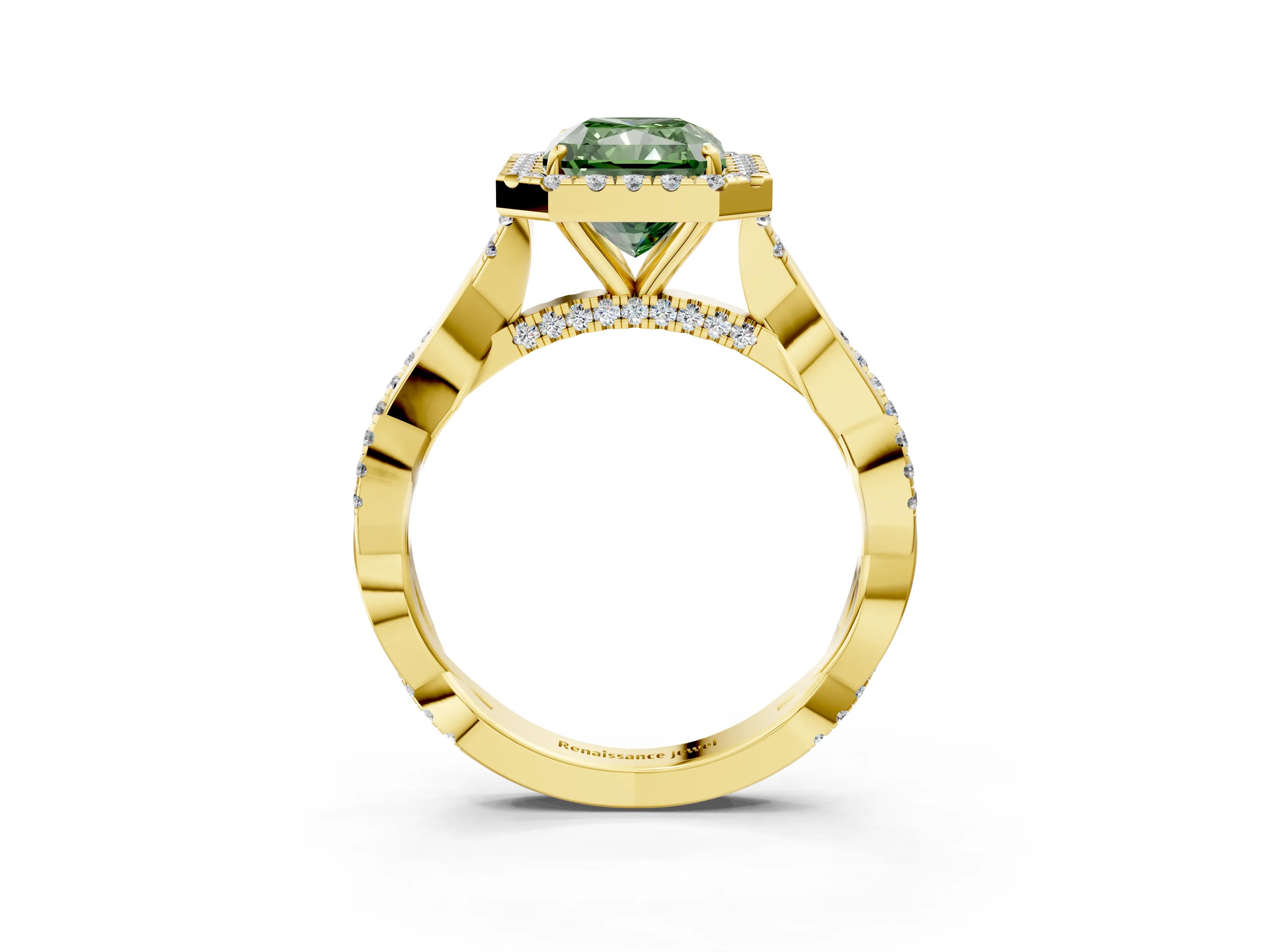 Yellow gold Fancy Green Radiant Cut Halo Twist Band with Four-Prong Setting_15