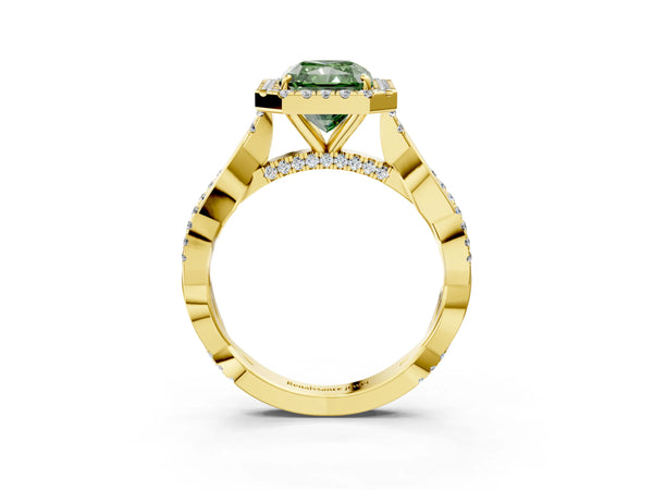 Yellow Gold Radiant Cut Interwoven Twist Halo Engagement Ring Setting for Fancy Green Center