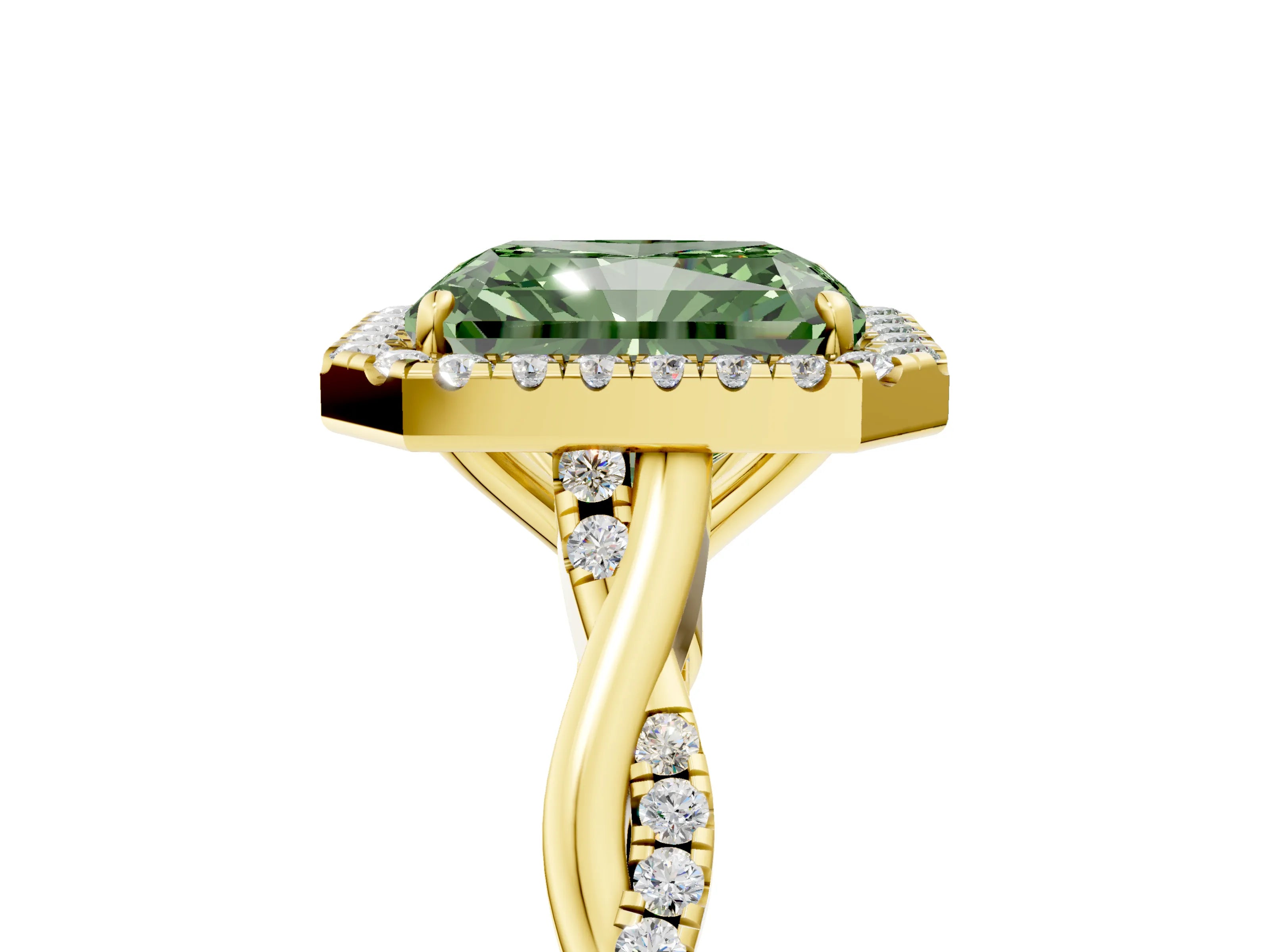Yellow gold Fancy Green Radiant Cut Halo Twist Band with Four-Prong Setting_17