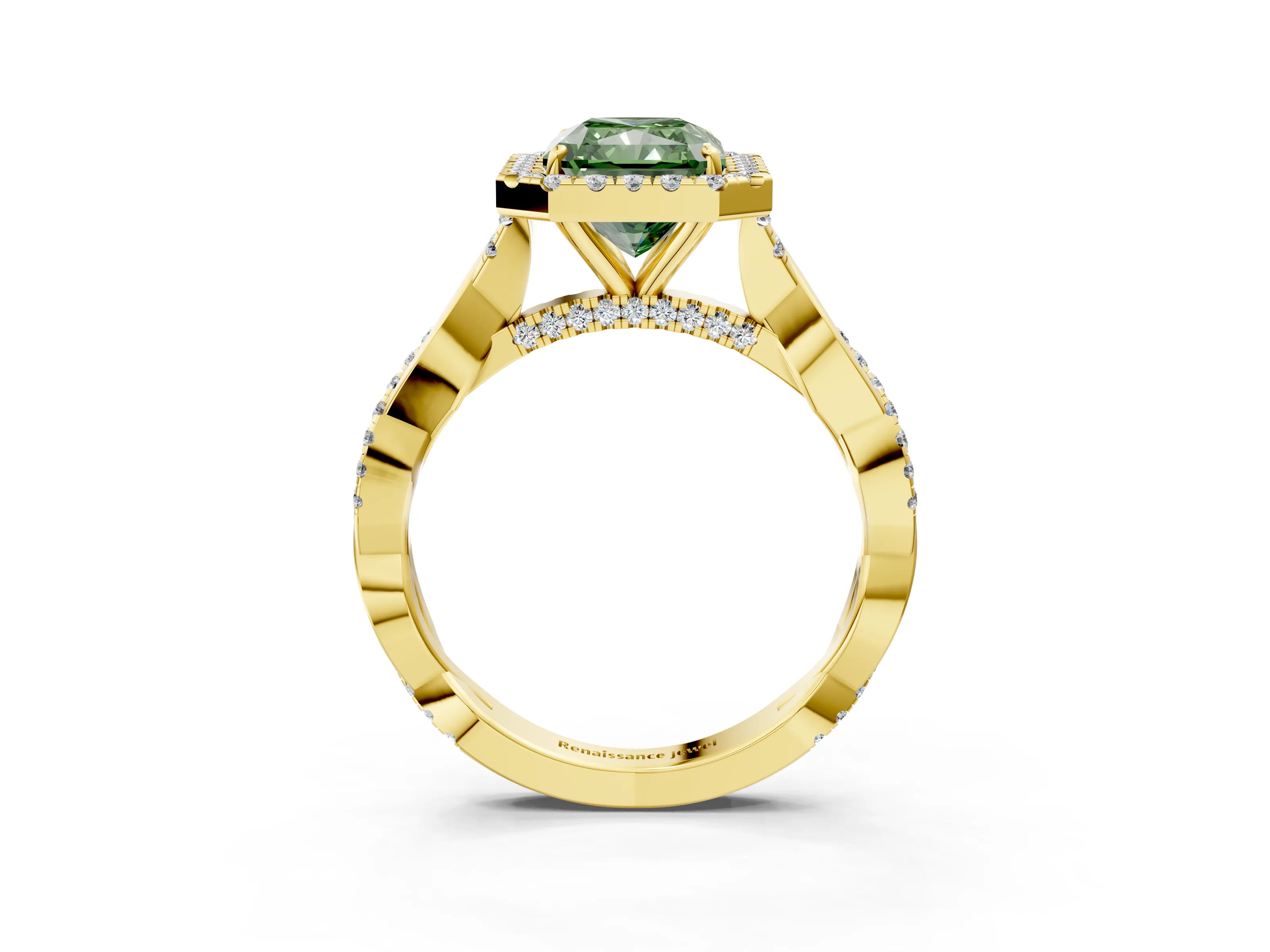 Yellow gold Fancy Green Radiant Cut Halo Twist Band with Four-Prong Setting_3