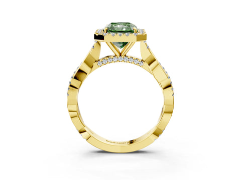 Yellow gold Fancy Green Radiant Cut Halo Twist Band with Four-Prong Setting_3