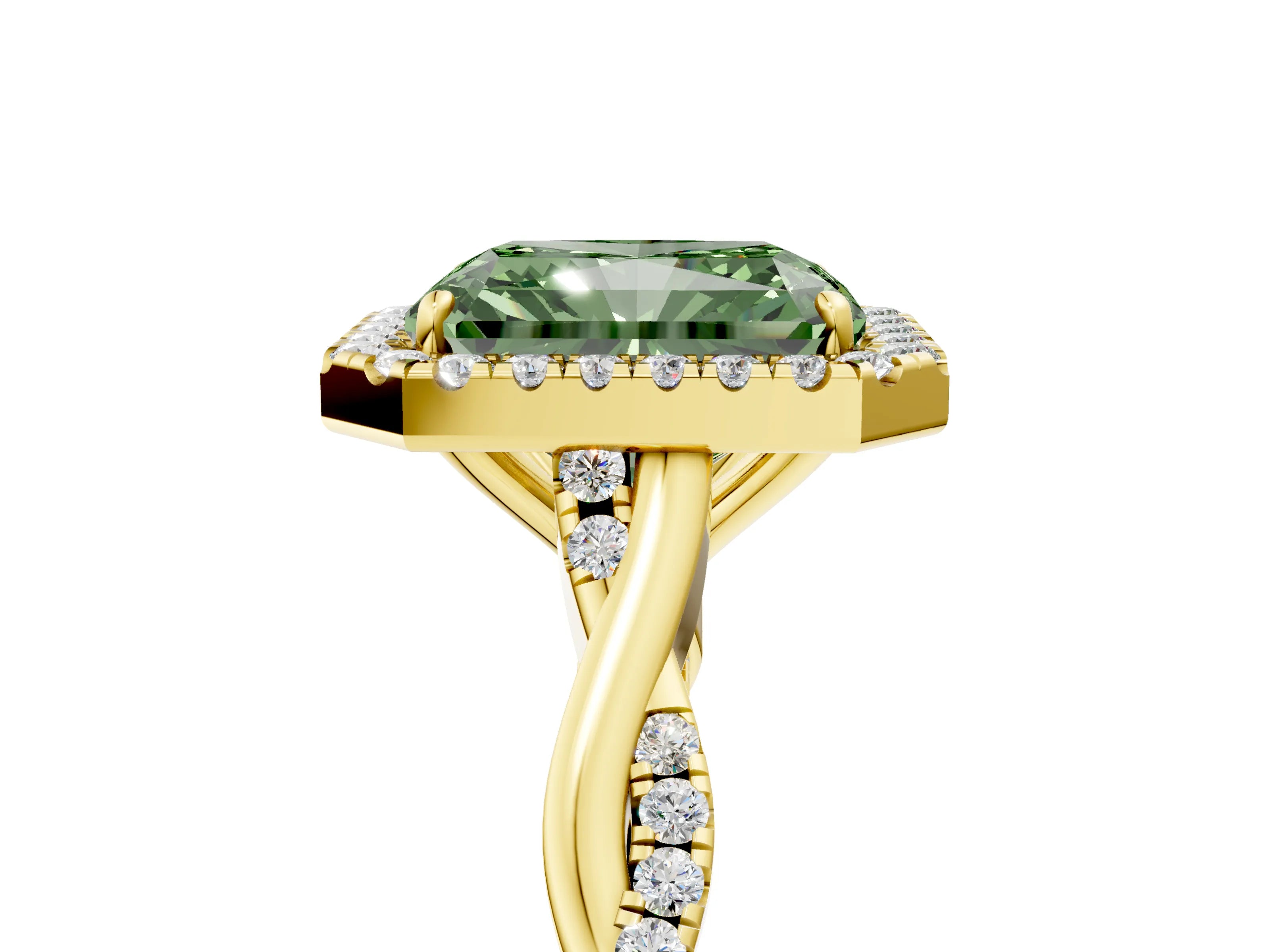Yellow gold Fancy Green Radiant Cut Halo Twist Band with Four-Prong Setting_5