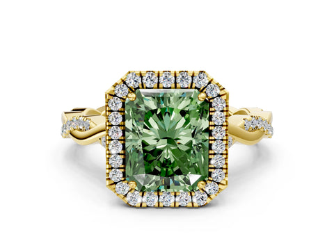 Yellow gold Fancy Green Radiant Cut Halo Twist Band with Four-Prong Setting
