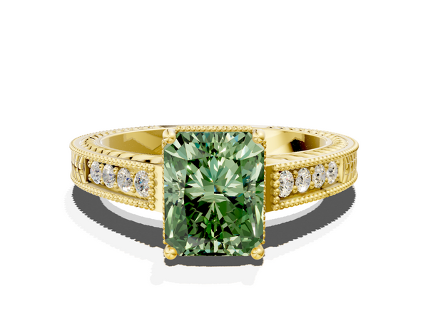 Yellow gold Fancy Green Radiant Cut Diamond Engagement Ring with Milgrain Channel Set Band and Prong Setting