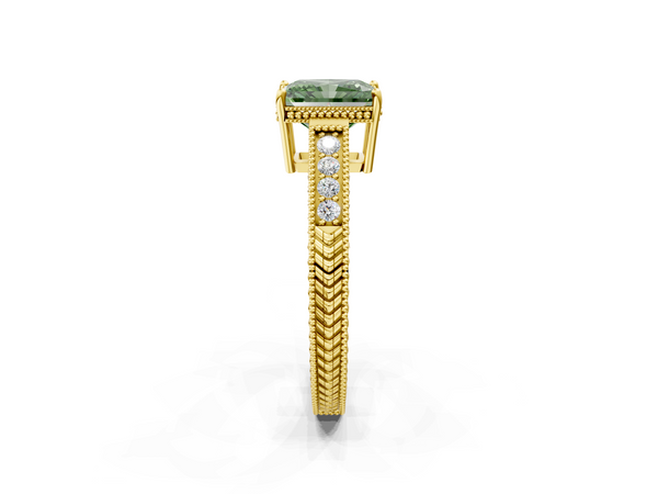 Yellow gold Fancy Green Radiant Cut Diamond Engagement Ring with Milgrain Channel Set Band and Prong Setting