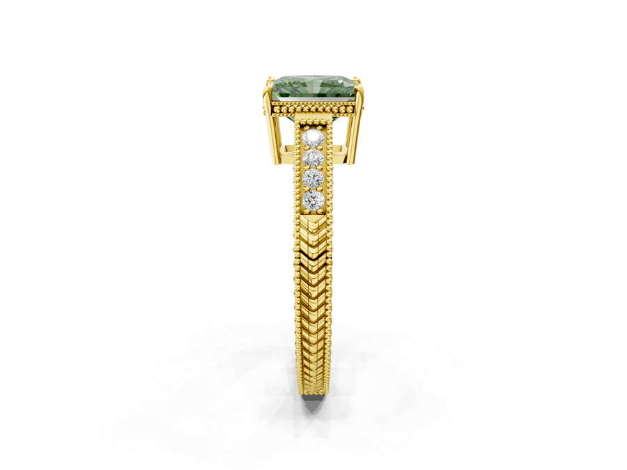 Yellow gold Fancy Green Radiant Cut Diamond Engagement Ring with Milgrain Channel Set Band and Prong Setting