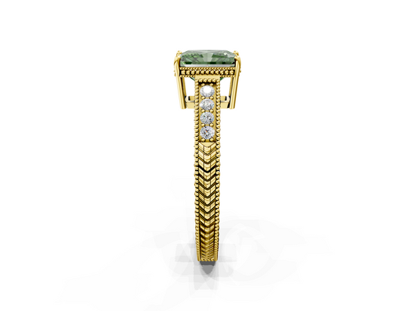 Yellow gold Fancy Green Radiant Cut Diamond Engagement Ring with Milgrain Channel Set Band and Prong Setting