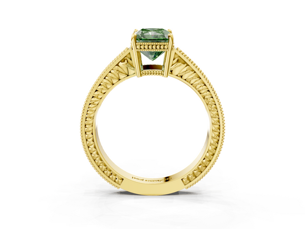 Yellow gold Fancy Green Radiant Cut Diamond Engagement Ring with Milgrain Channel Set Band and Prong Setting