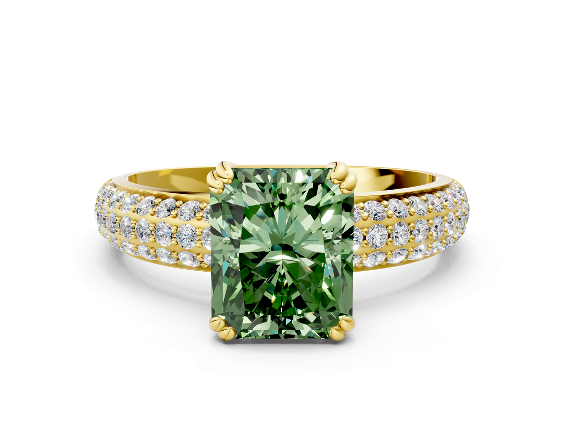 Yellow gold Fancy Green Radiant  Cut Pave Diamond Engagement Ring with Channel Set Band and Four-Prong Setting_37