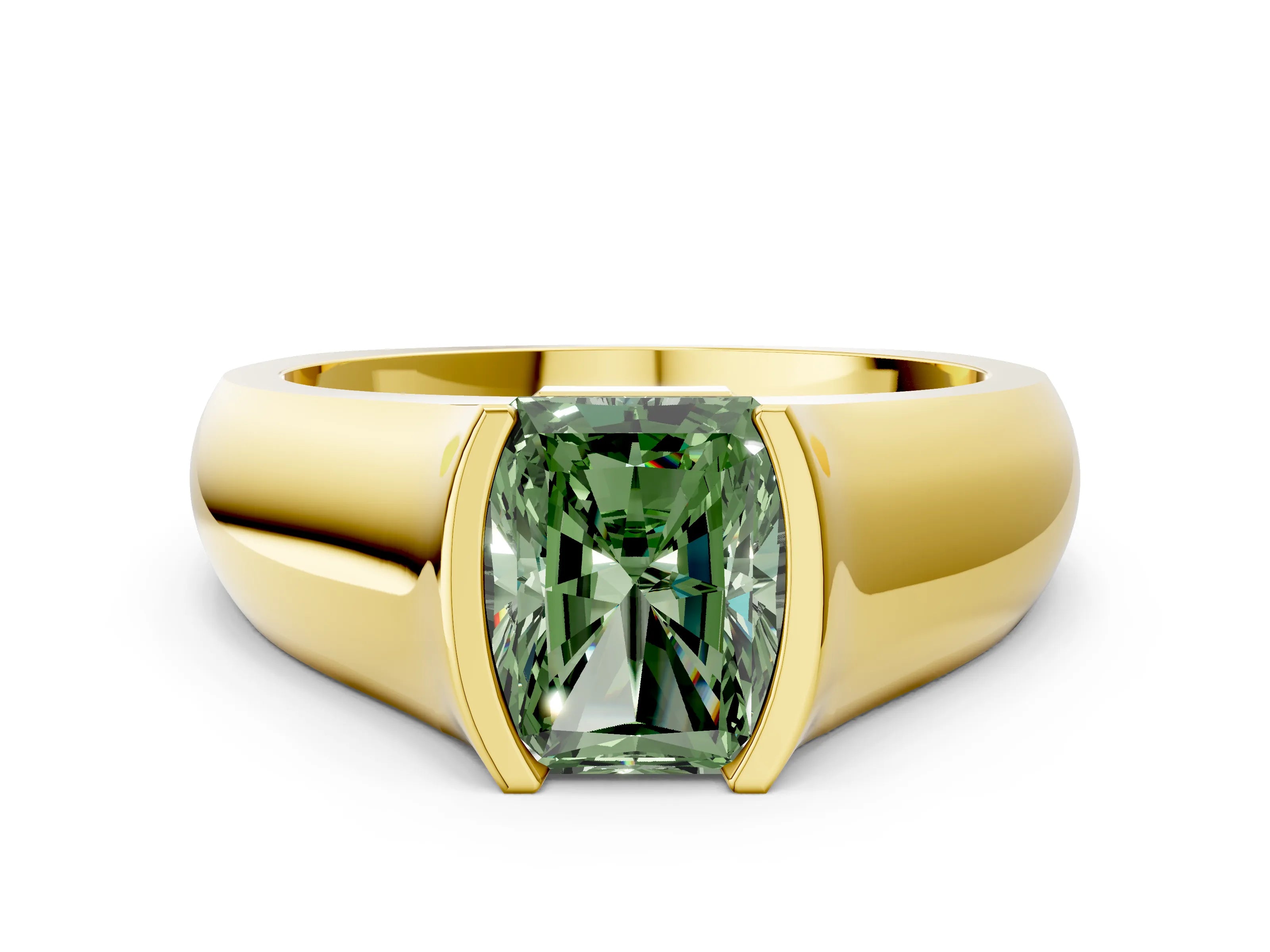 Yellow gold Fancy Green Radiant Cut Solitaire Bezel Set Diamond Ring with Wide Band