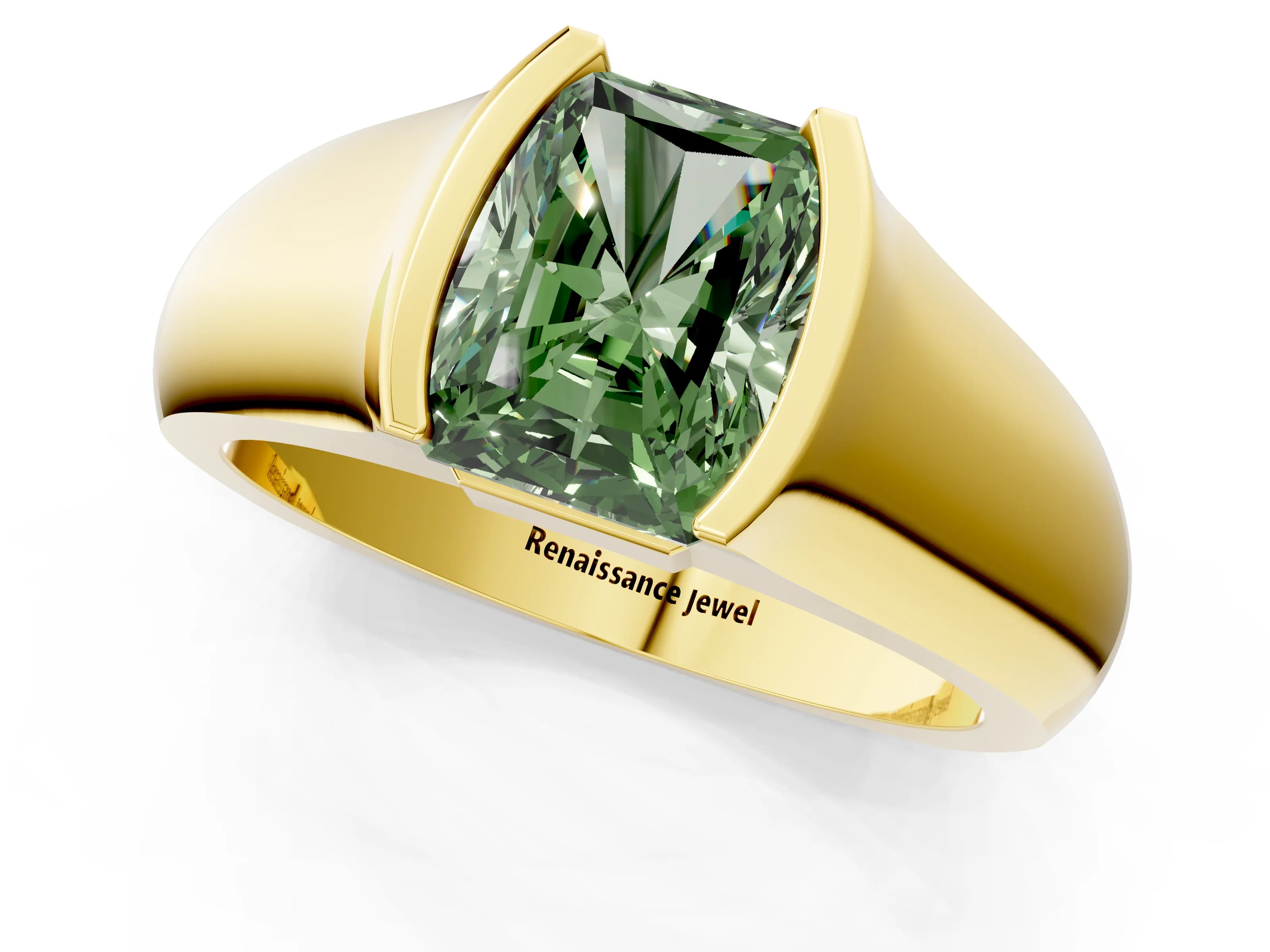 Yellow gold Fancy Green Radiant Cut Solitaire Bezel Set Diamond Ring with Wide Band_1