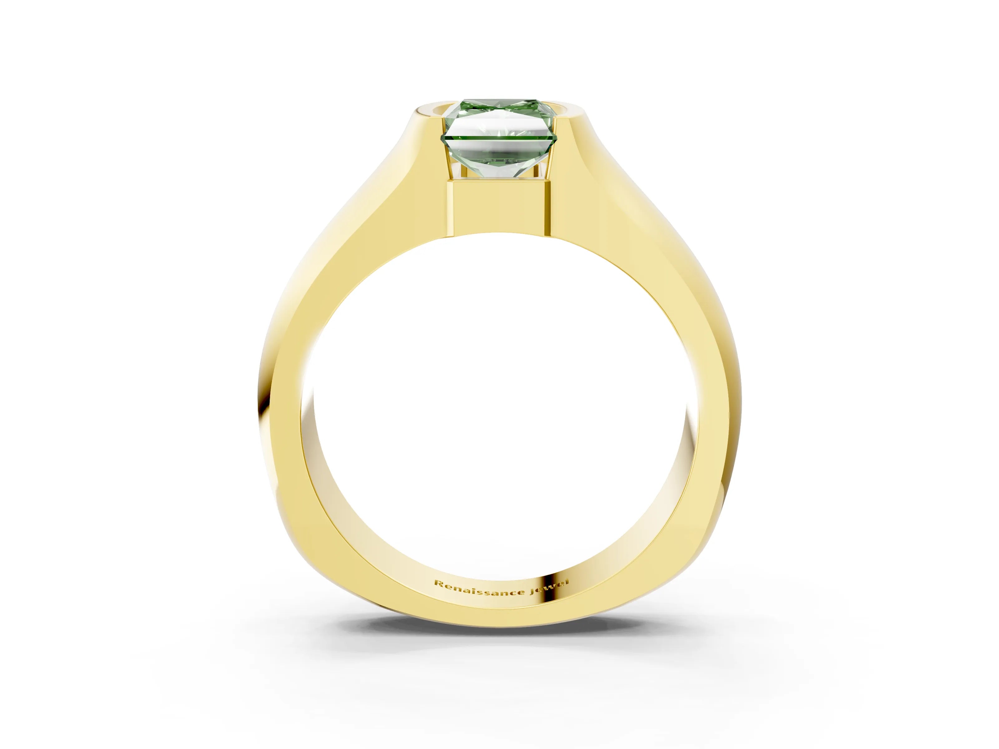 Yellow gold Fancy Green Radiant Cut Solitaire Bezel Set Diamond Ring with Wide Band_3