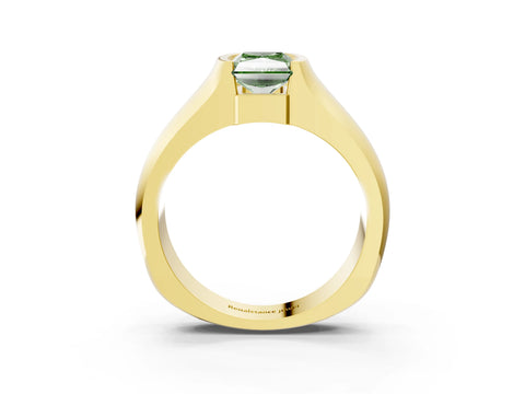 Yellow gold Fancy Green Radiant Cut Solitaire Bezel Set Diamond Ring with Wide Band_3