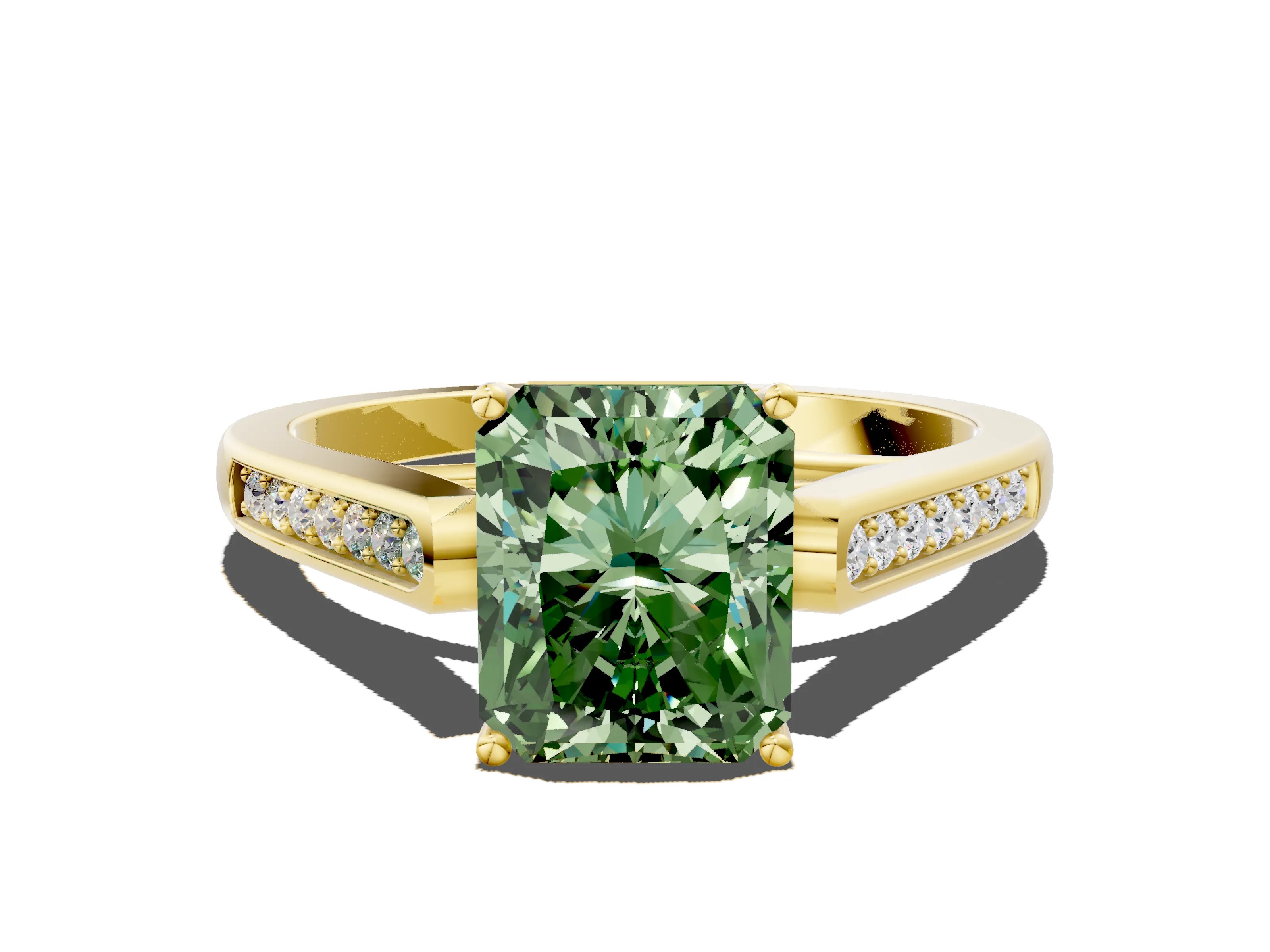 Yellow gold Fancy Green Radiant Cut Solitaire Cathedral Diamond Engagement Ring with Channel-Set Band and Four-Prong Setting_3