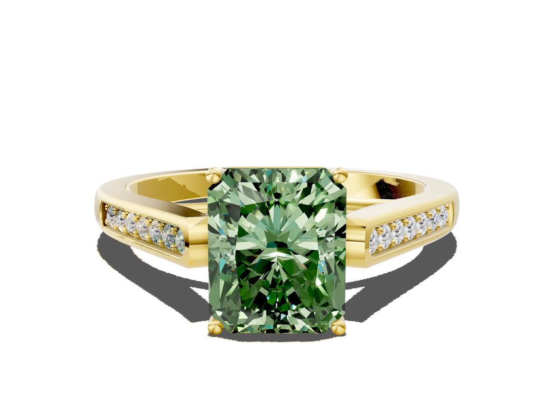 Yellow gold Fancy Green Radiant Cut Solitaire Cathedral Diamond Engagement Ring with Channel-Set Band and Four-Prong Setting_3