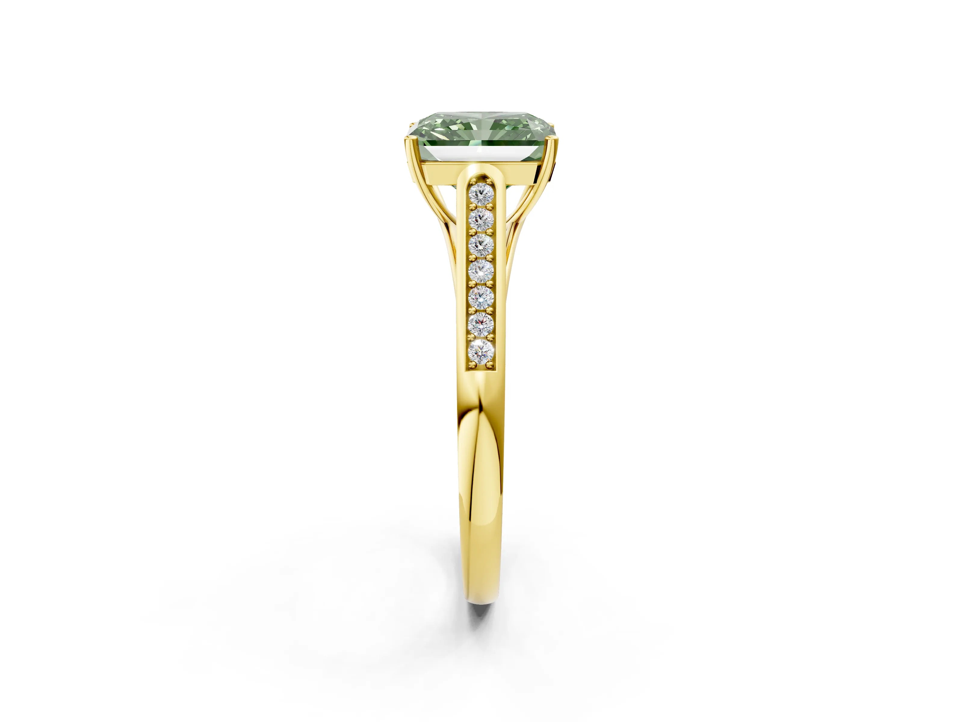 Yellow gold Fancy Green Radiant Cut Solitaire Cathedral Diamond Engagement Ring with Channel-Set Band and Four-Prong Setting_5