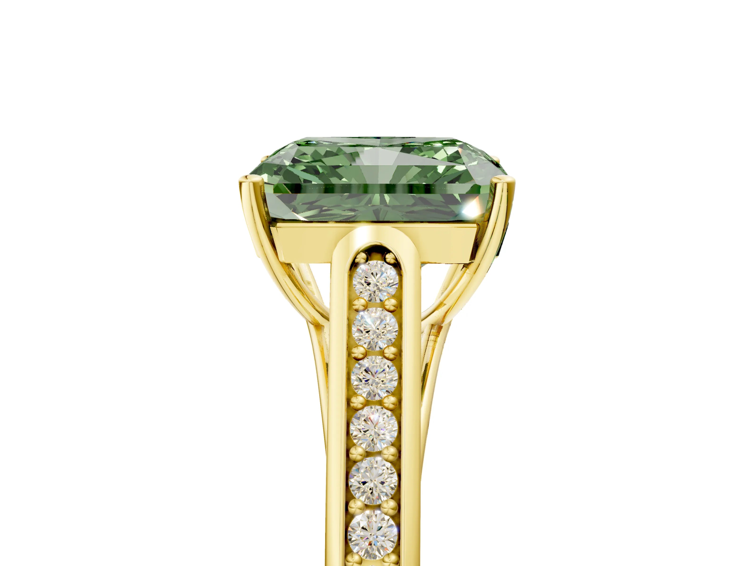 Yellow gold Fancy Green Radiant Cut Solitaire Cathedral Diamond Engagement Ring with Channel-Set Band and Four-Prong Setting_8
