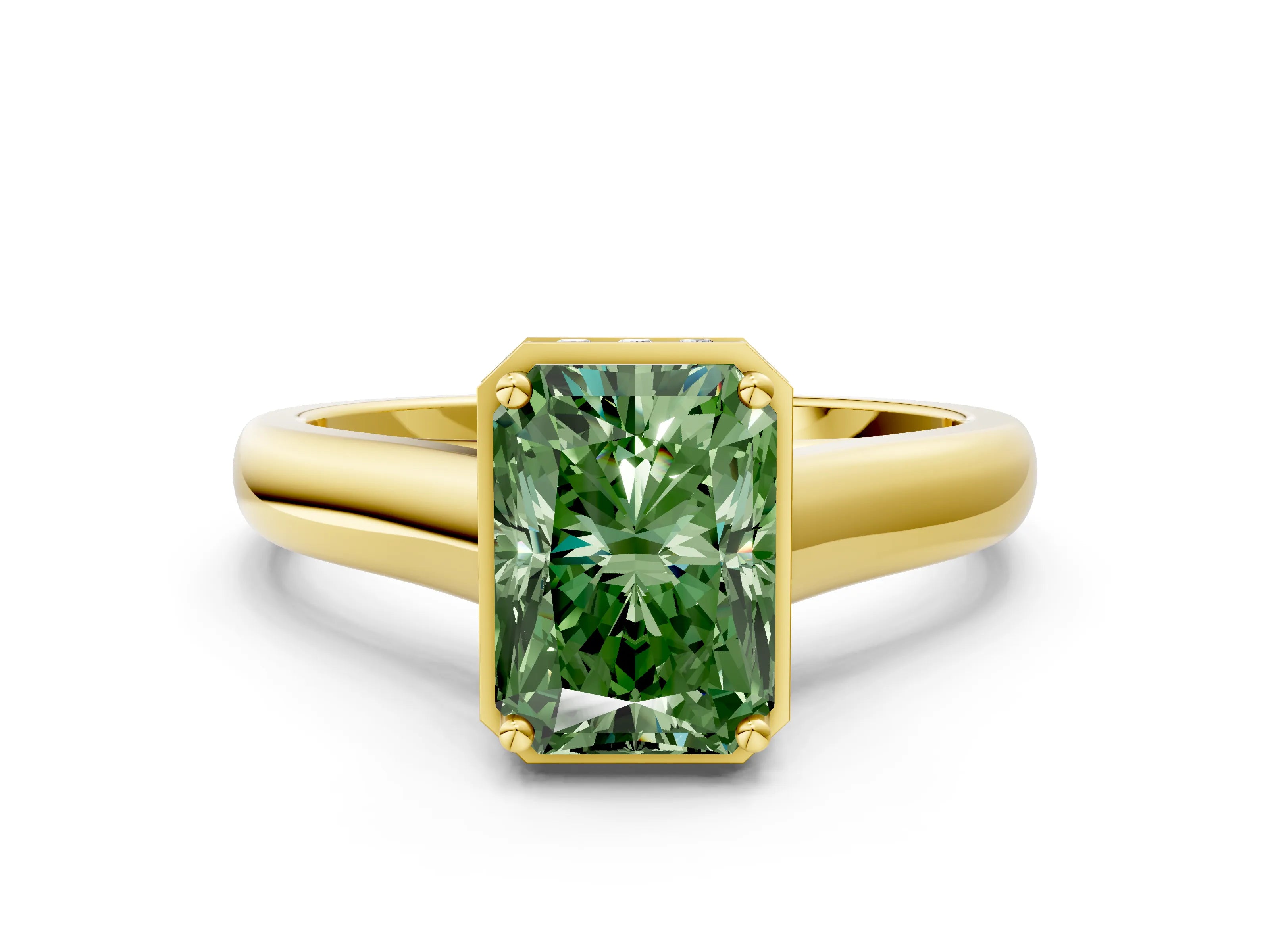 Yellow gold Fancy Green Radiant Cut Solitaire Diamond Engagement Ring with Four-Prong Setting and Tapered Band
