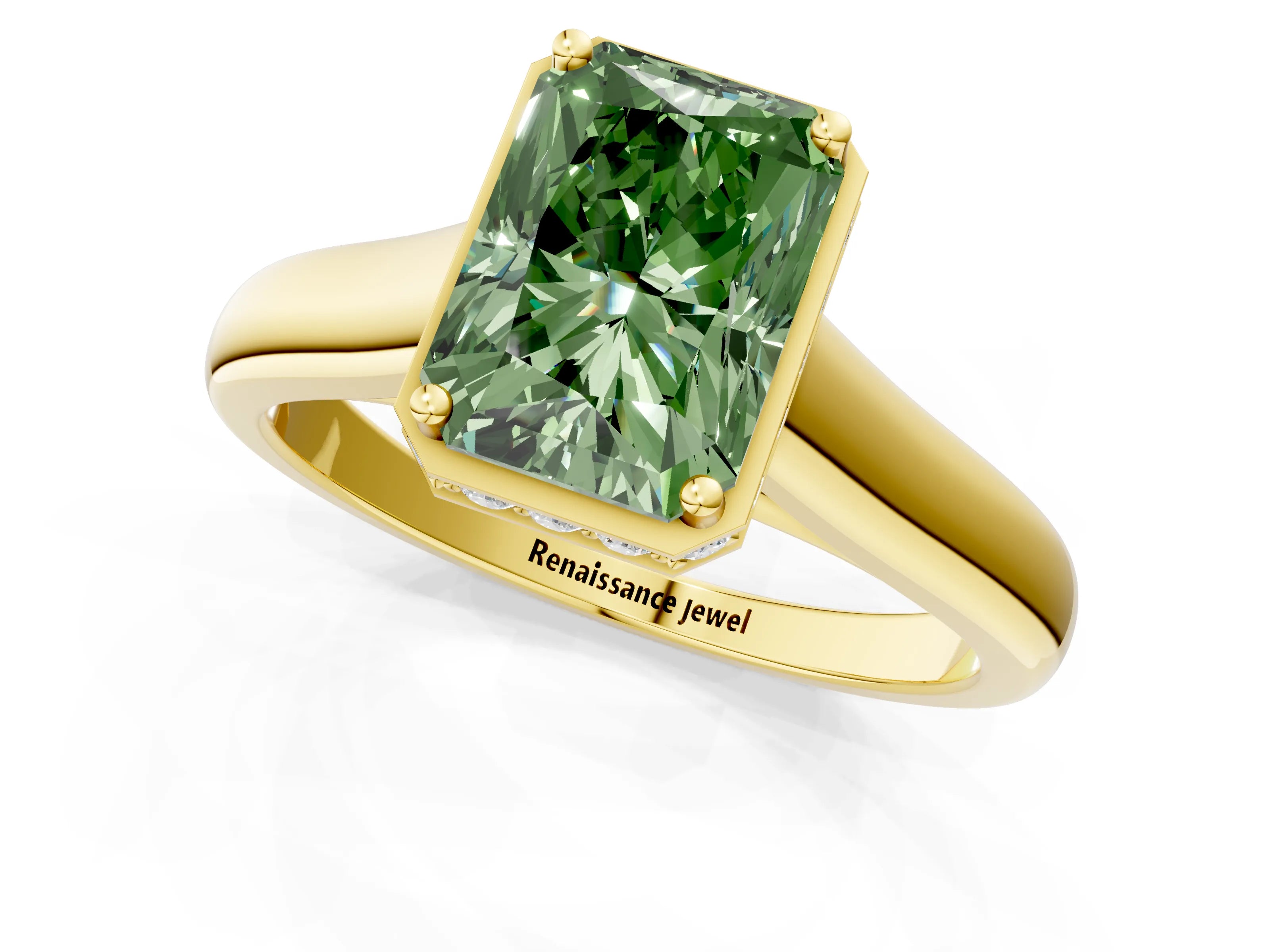 Yellow gold Fancy Green Radiant Cut Solitaire Diamond Engagement Ring with Four-Prong Setting and Tapered Band_1