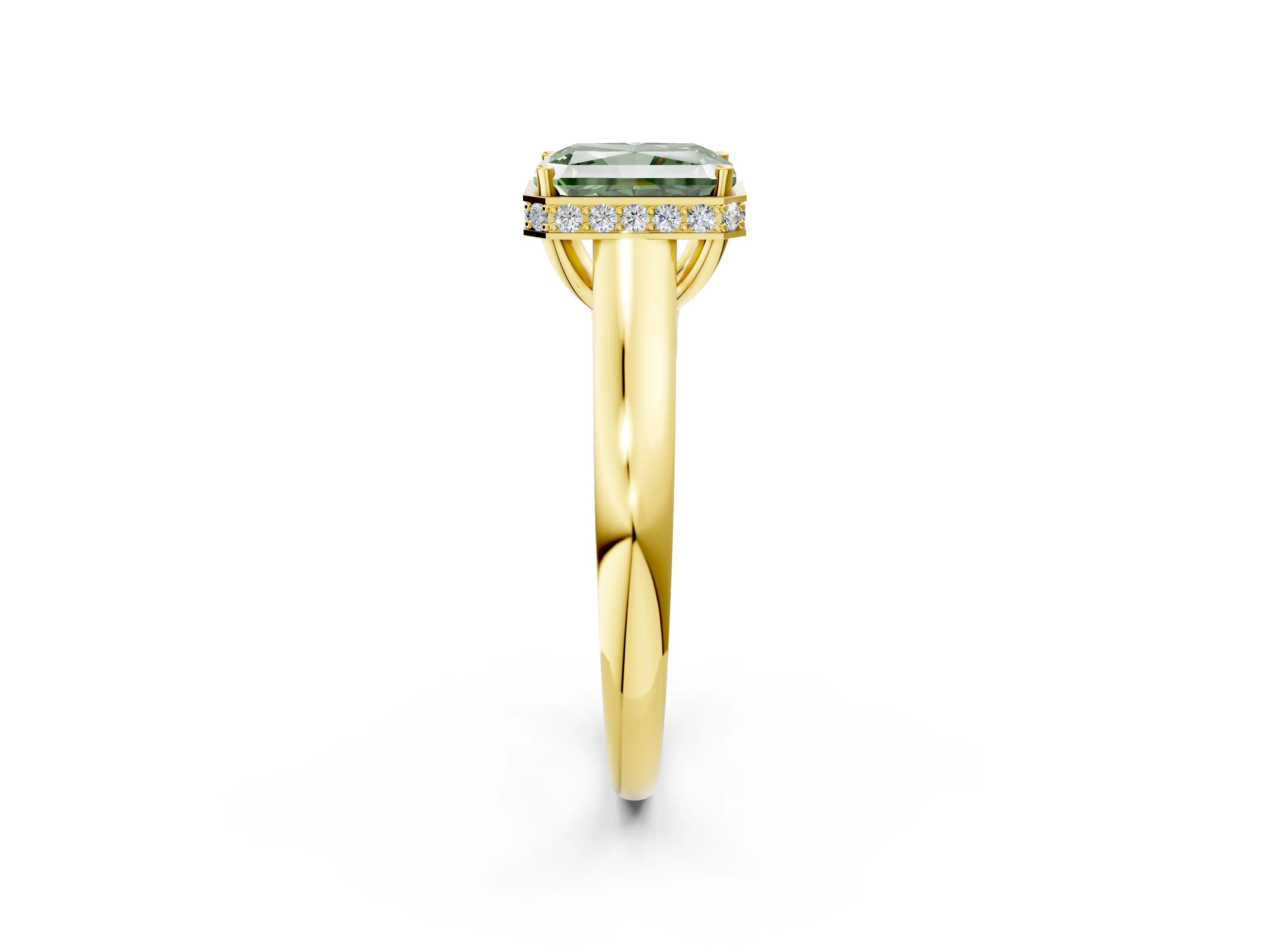 Yellow gold Fancy Green Radiant Cut Solitaire Diamond Engagement Ring with Four-Prong Setting and Tapered Band_2