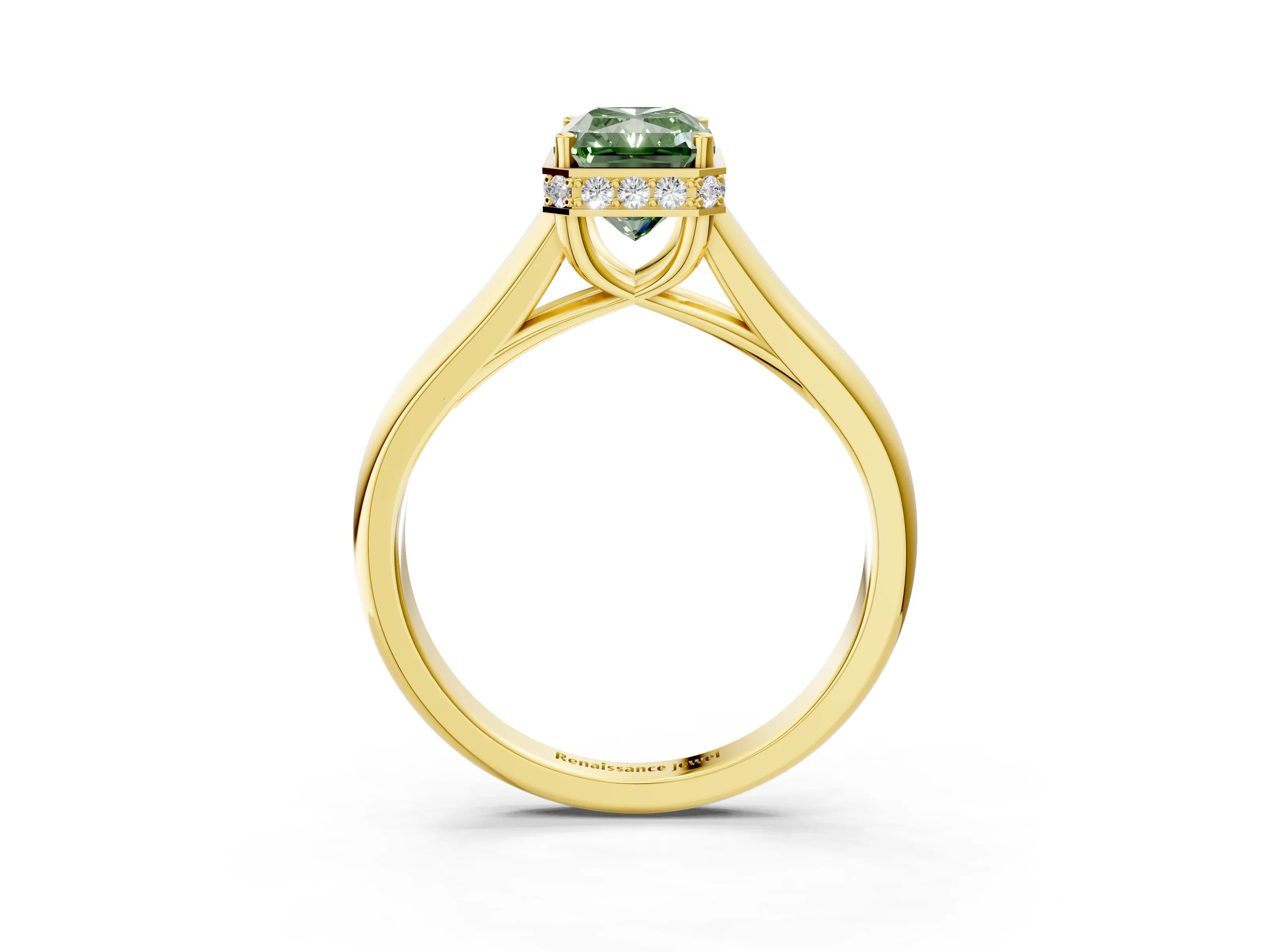 Yellow gold Fancy Green Radiant Cut Solitaire Diamond Engagement Ring with Four-Prong Setting and Tapered Band_3