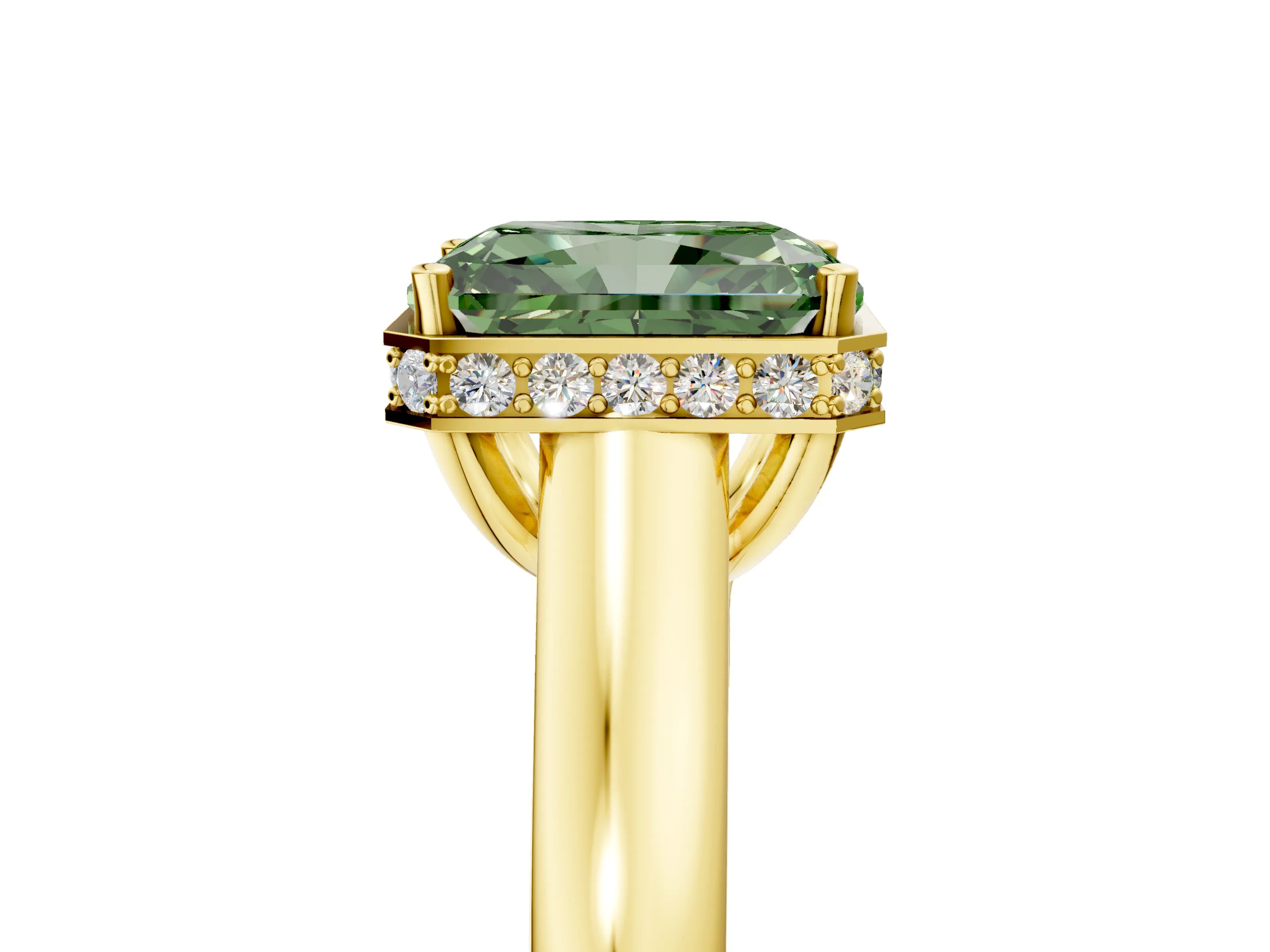 Yellow gold Fancy Green Radiant Cut Solitaire Diamond Engagement Ring with Four-Prong Setting and Tapered Band_5