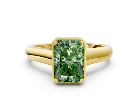 Yellow gold Fancy Green Radiant Cut Solitaire Diamond Engagement Ring with Four-Prong Setting and Tapered Band