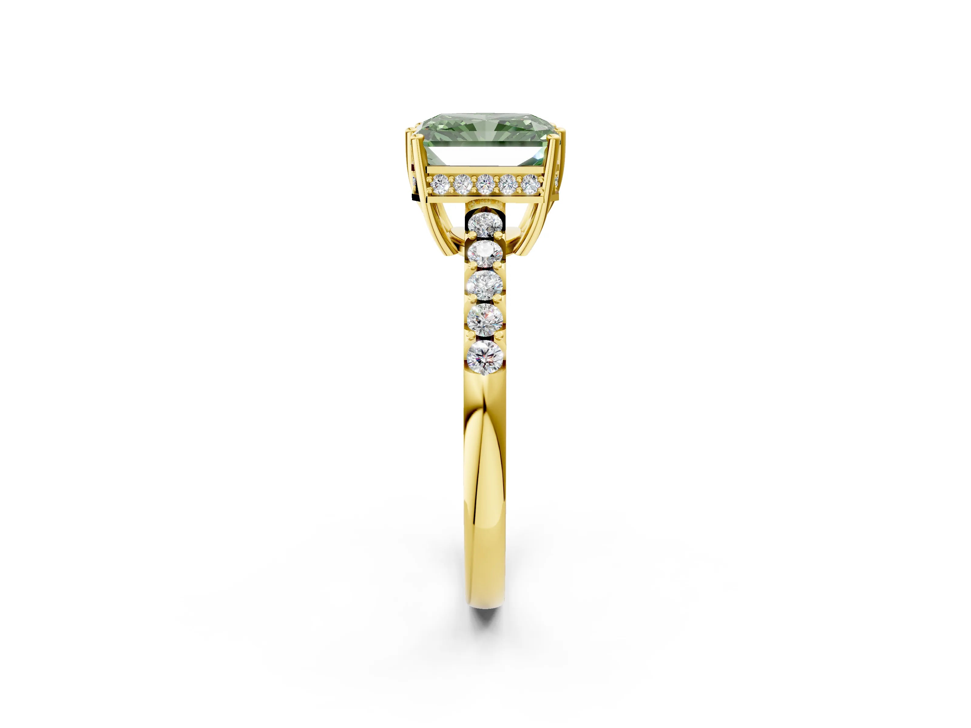 Yellow gold Fancy Green Radiant Cut Solitaire Diamond Engagement Ring with Pavé Band and Six-Prong Setting_14
