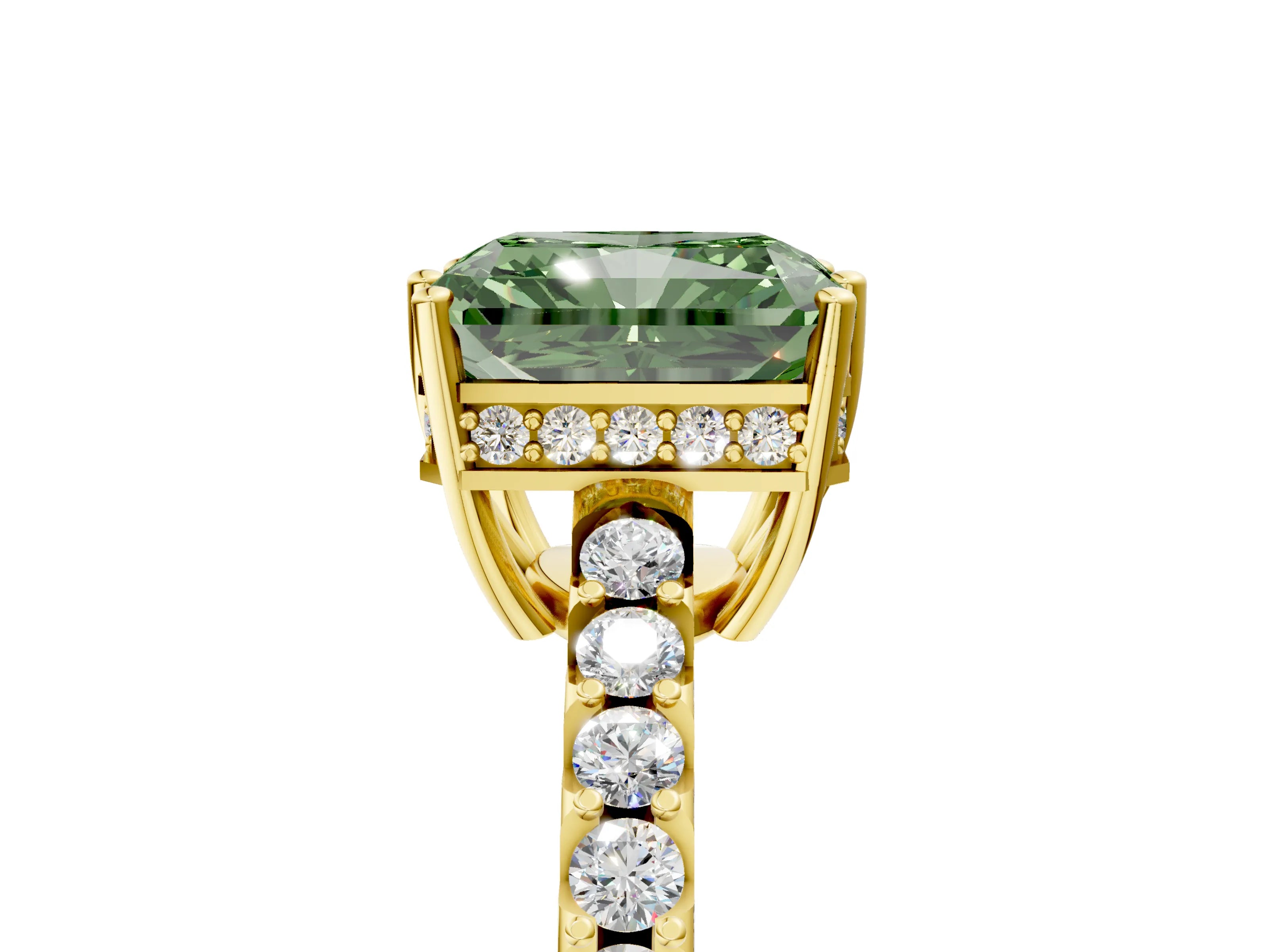 Yellow gold Fancy Green Radiant Cut Solitaire Diamond Engagement Ring with Pavé Band and Six-Prong Setting_17