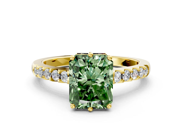 Yellow gold Fancy Green Radiant Cut Solitaire Diamond Engagement Ring with Pavé Band and Six-Prong Setting